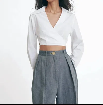 Matthew Bruch Long Sleeve Wrap Top In White Poplin