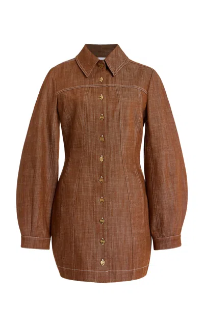 Matthew Bruch Mutton-sleeve Denim Mini Dress In Brown