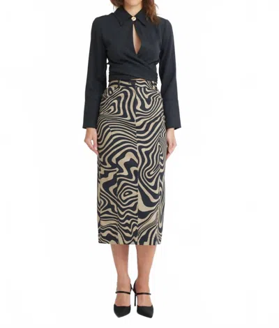 Matthew Bruch Pencil Midi Skirt In Black/ Khaki Printed Twill In Multi