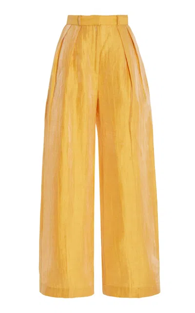 Matthew Bruch Pleated Linen-blend Wide-leg Trousers In Orange