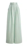 Matthew Bruch Pleated Linen Wide-leg Pants In Green