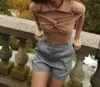 Matthew Bruch Polo Wrap Off Shoulder Ribbed Top In Macchiatto Knit In Multi
