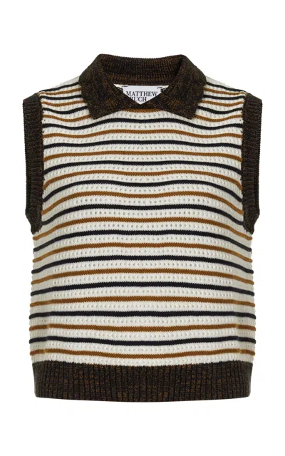 Matthew Bruch Striped Cotton-blend Mesh Collared Tank Top
