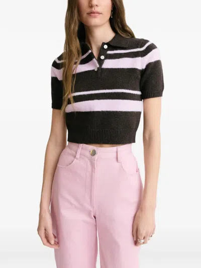 Matthew Bruch Striped Cropped Polo-collar Sweater In Brown