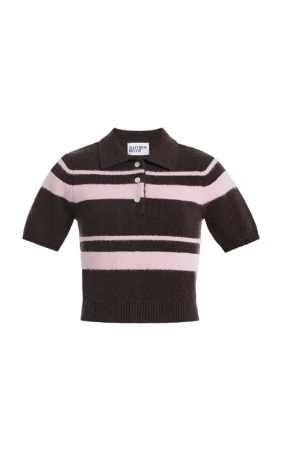 Matthew Bruch Striped Mohair Knit Polo In Brown