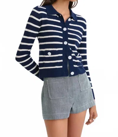 Matthew Bruch Terry Striped Collared Cardigan In Navy Blue And White