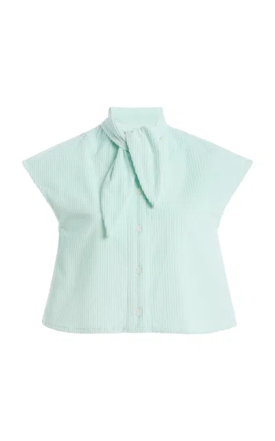 Matthew Bruch Tie Neck Corduroy Button Up In Light Blue