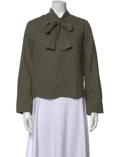 Pre-owned Matthew Bruch Tie Neck Long Sleeve Top In Green