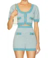 Matthew Bruch Tweed Knit Apron Crop Top In Seafoam Tweed