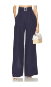 Matthew Bruch Wide Leg Pleated Pant In Navy Linen