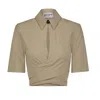 MATTHEW BRUCH WOMEN'S COLLARED WRAP TOP IN TAUPE SEERSUCKER