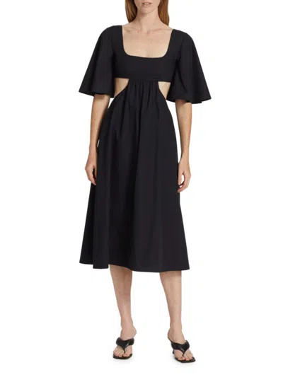 Matthew Bruch Flutter Sleeve Cutout Midi Dress In Black Linen