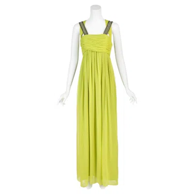 Pre-owned Matthew Williamson C.2005 Chartreuse Silk Chiffon Beaded Straps Evening Gown In Yellow