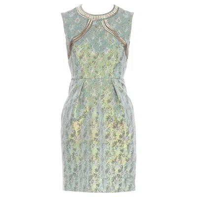 Pre-owned Matthew Williamson Green Iridescent Gold Bullet Bead Sheath Dress Uk8 S