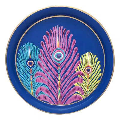 Pre-owned Matthew Williamson Les Ottomans "the Peacock Design" Round Iron Tray By  In Blue