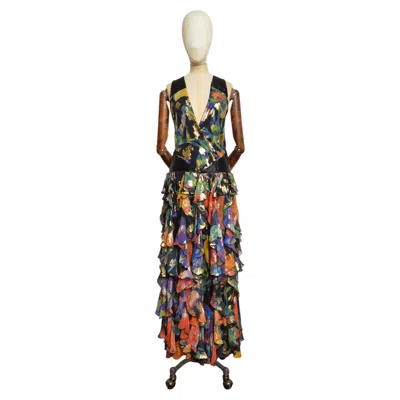 Pre-owned Matthew Williamson Resort 2009 Silk Ruffle Detail Backless Beaded Evening Dress In Black