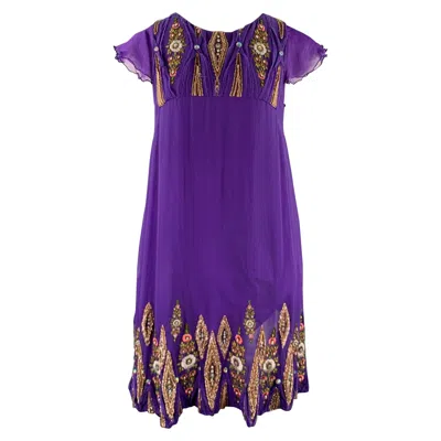 Pre-owned Matthew Williamson Size 10 Purple Gold Silk Embroidered Sleeveless Dress