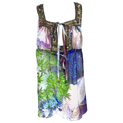 Pre-owned Matthew Williamson Size 8 Geography Print Chiffon Empire Waist Sequined Blouse In Gray