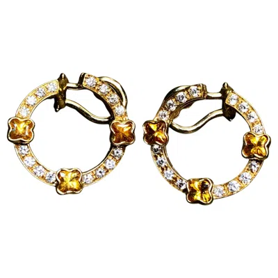 Pre-owned Mattioli 18k Yellow Gold Italian Orange Sapphire Diamond Circle Huggie Earrings