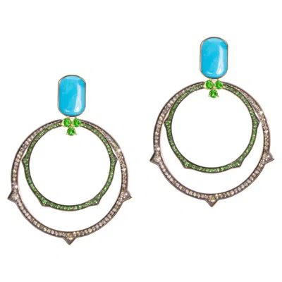 Pre-owned Mattioli Eve_r New Earrings In Rose Gold, Black Diamonds, Tsaverites & Turquoise In Red