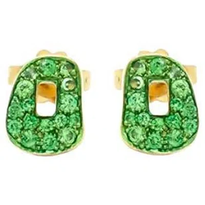 Pre-owned Mattioli Mini Puzzle Stud Earrings In Yellow Gold And Tsavorites