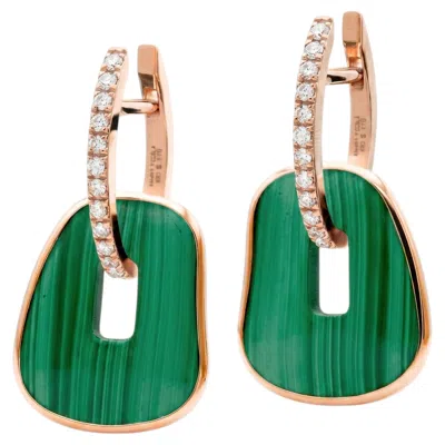 Pre-owned Mattioli Puzzle Hoop Earrings In 18k Rose Gold Malachite And Diamonds In Red