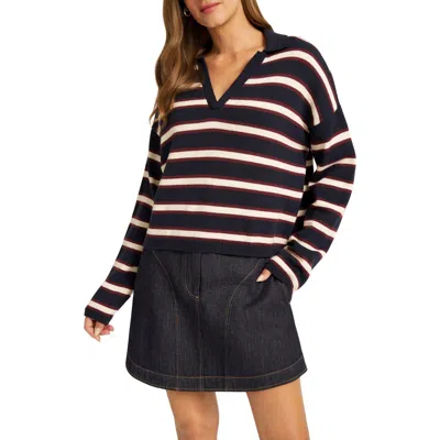 Matty M . Brey Striped Henley Sweater In Navy/wine