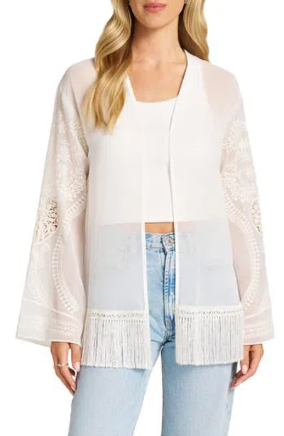 Matty M . Embroidered Chiffon Top With Fringe Hem In Ivory