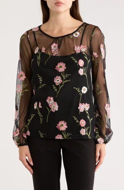 Matty M . Embroidered Mesh Top In Black