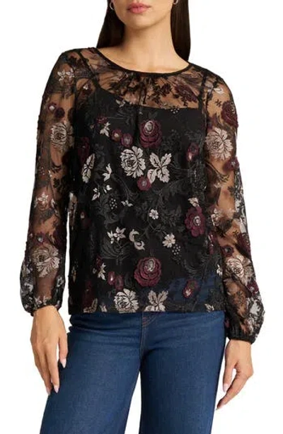 Matty M . Embroidered Mesh Top With Camisole In Black