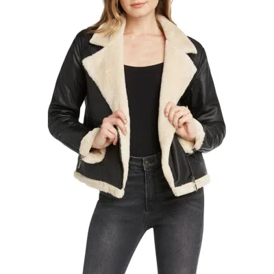 Matty M . Faux Fur Lined Faux Leather Moto Jacket In Black