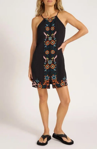 Matty M . Floral Embroidered Halter Gauze Shift Dress In Black