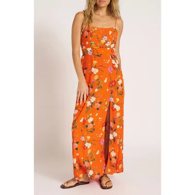 Matty M . Floral Print Satin Maxi Dress In Orange