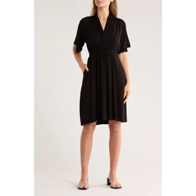 Matty M . Flutter Sleeve Faux Wrap Midi Dress In Black