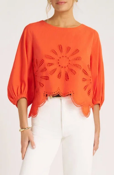Matty M Indie Bubble Sleeve Embroidery Blouse In Orange