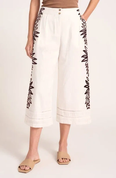 Matty M . Ireni Embroidery Detail Crop Wide Leg Cotton Pants In White