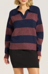 Matty M . Kristie Stripe Johnny Collar Sweater In Blue