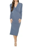 Matty M . Leo Long Sleeve Draped Faux Wrap Midi Dress In Blue