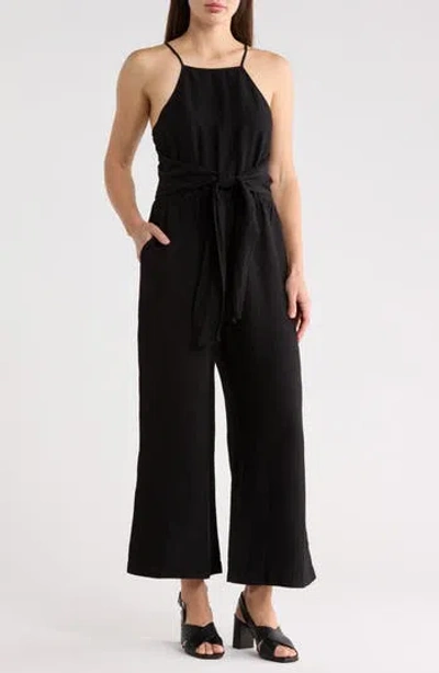 Matty M . Linen Blend Straight Leg Jumpsuit In Black