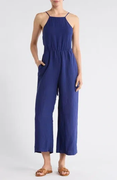 Matty M . Linen Blend Straight Leg Jumpsuit In Blue