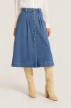 Matty M . Marlow Button Front Midi Denim Skirt In Blue