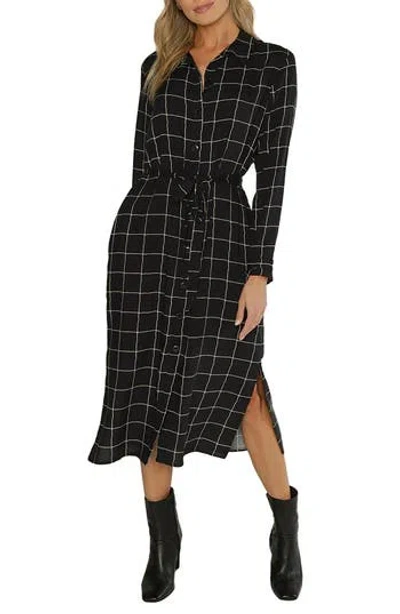 Matty M . Metro Windowpane Long Sleeve Midi Shirtdress In Black
