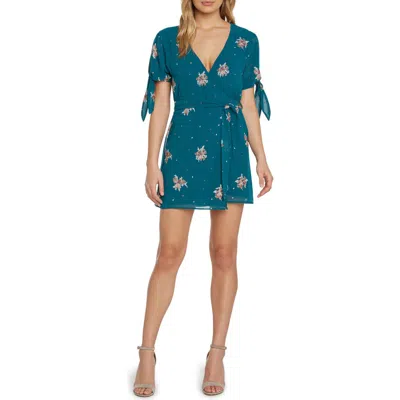 Matty M . Tie Sleeve Embroidered Wrap Dress In Blue