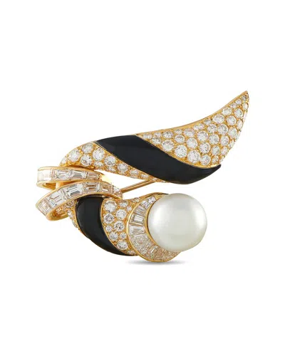 Pre-owned Mauboussin 18k Pearl And Onyx Brooch (authentic Pre-loved) In Gold