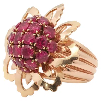 Pre-owned Mauboussin 18k Yellow Gold  Burma No Heat Ruby Flower Retro Ring
