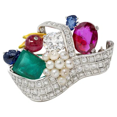 Pre-owned Mauboussin 1950 Burma Ruby Multi-gem Platinum Vintage Tutti-frutti Basket Brooch