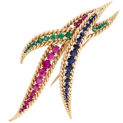 Pre-owned Mauboussin 1980s Large  Ruby Sapphire Emerald Yellow Gold Brooch