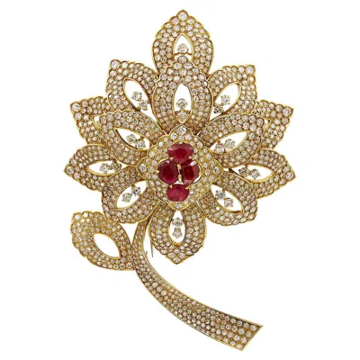 Pre-owned Mauboussin 50ct Diamond 14ct Burma Ruby Flower Brooch, 18k Gold In Multi