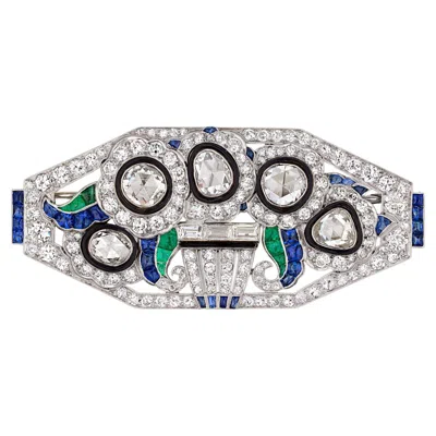 Pre-owned Mauboussin Art Deco Diamond, Emerald And Sapphire Brooch In Green