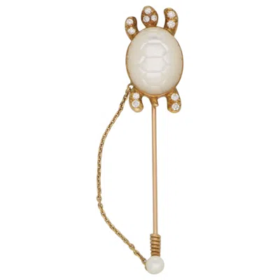 Pre-owned Mauboussin Moonstone And Diamond Turtle Stick Pin / Brooch Set In 18 Karat Gold In Multi